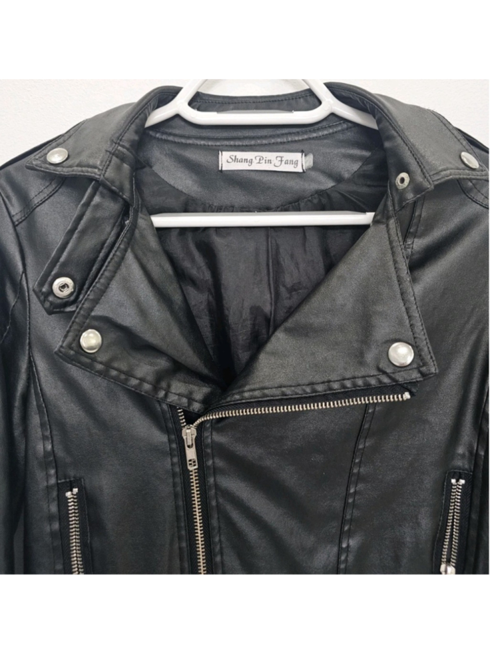 Women’s Black Faux Leather Moto Jacket Cropped Biker Zip Up Punk Rock Size S - Picture 6 of 16